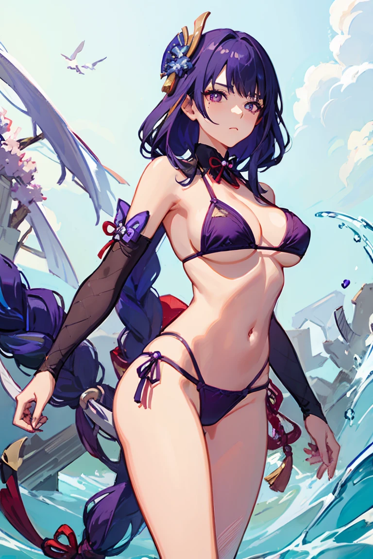 raidenshogun,1girl,mole,braided ponytail,cleavage,standing,long hair, looking at viewer,closed mouth, purple pupils, purple hair, ((sfw)),((bikini))