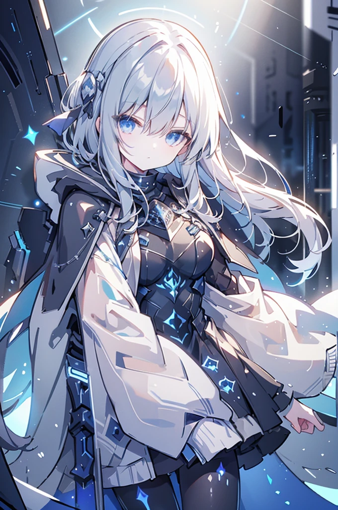 armored girl, grey hood and cape, background dark space battlefield, heavy rain, light silver short hair, blue glowing beautiful eyes, cowboy_shot, blue glowing lined simple armor plate, dark environment, high detailed face, Advance mask, intense war