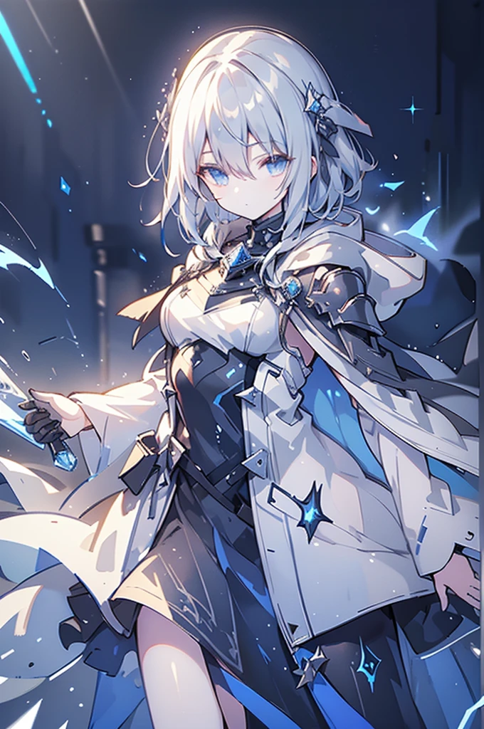 armored girl, grey hood and cape, background dark space battlefield, heavy rain, light silver short hair, blue glowing beautiful eyes, cowboy_shot, blue glowing lined simple armor plate, dark environment, high detailed face, Advance mask, intense war