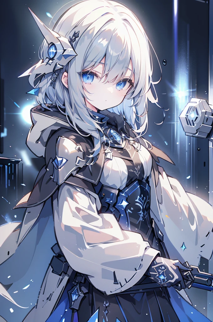 armored girl, grey hood and cape, background dark space battlefield, heavy rain, light silver short hair, blue glowing beautiful eyes, cowboy_shot, blue glowing lined simple armor plate, dark environment, high detailed face, Advance mask, intense war