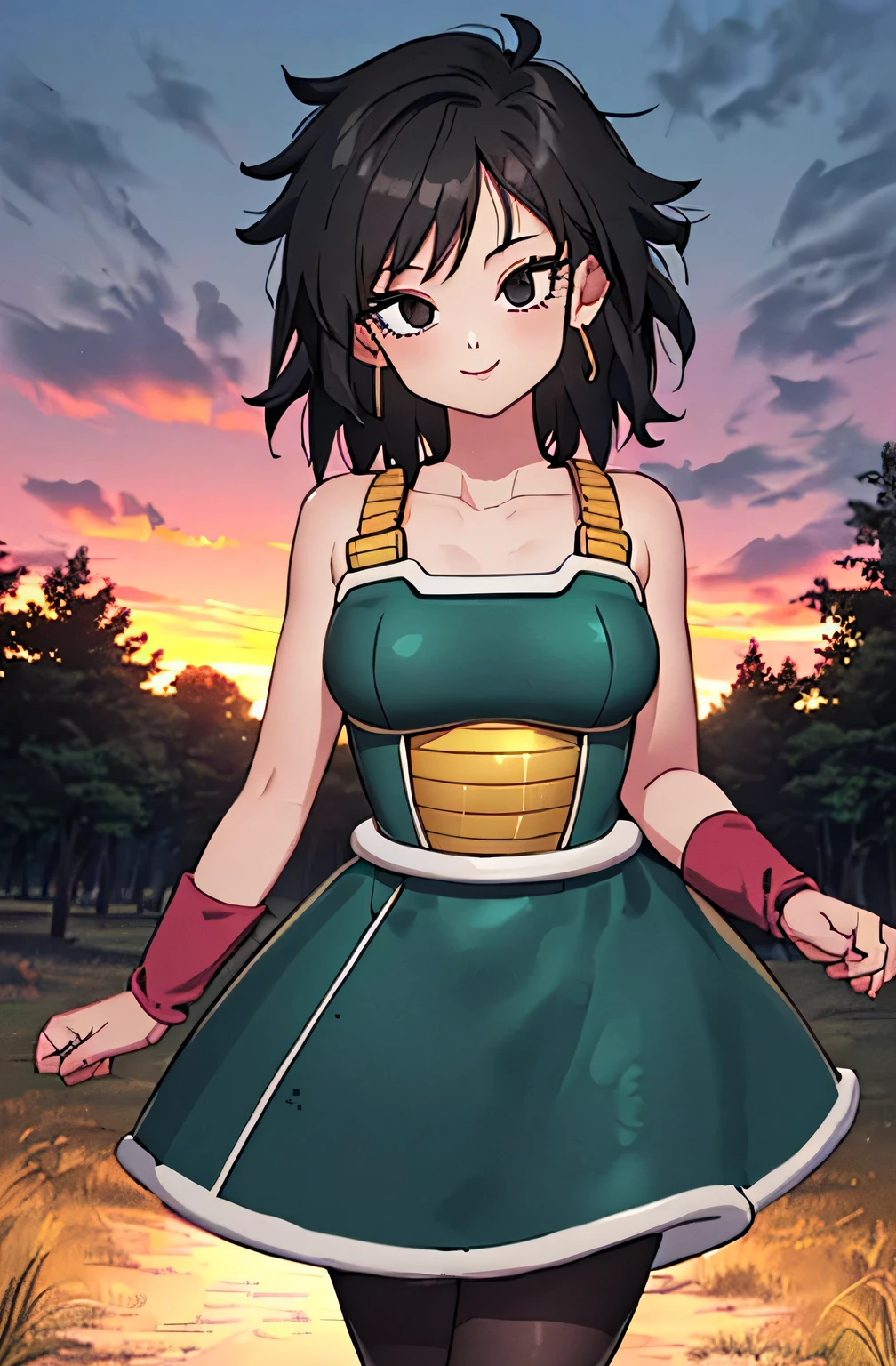 masterpiece, best quality, gine, saiyan armor, collarbone, green skirt, wristband, black pantyhose, upper body, smile, looking at viewer, field, trees, sunset sky, 1 girl, solo