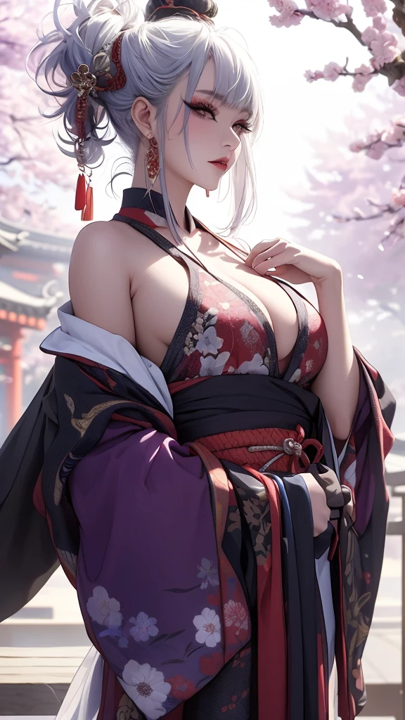 Very detailedな CG Unity 8K UHD 品質解像度の壁紙, Award-winning portraits, Official Art, A perfect masterpiece, highest quality, Highest Resolution, The most beautiful demon goddess,  非常に手の込んだオープンフードkimono,  Bold colors and patterns, Trendy and innovative platinum white mohawk hairstyle, Bright makeup, Big Breasts , Showing cleavage, kimono,  A stunning feudal Japanese garden, A faithful recreation of feudal Japan., Cherry blossoms blown by the wind, Vibrant color scheme, Insane Details, Beautiful and dense face, blush, Sexy and charm lascivious expression, Looking at the audience,   Saucy, charm, sexy, Intricate details, Very detailed.