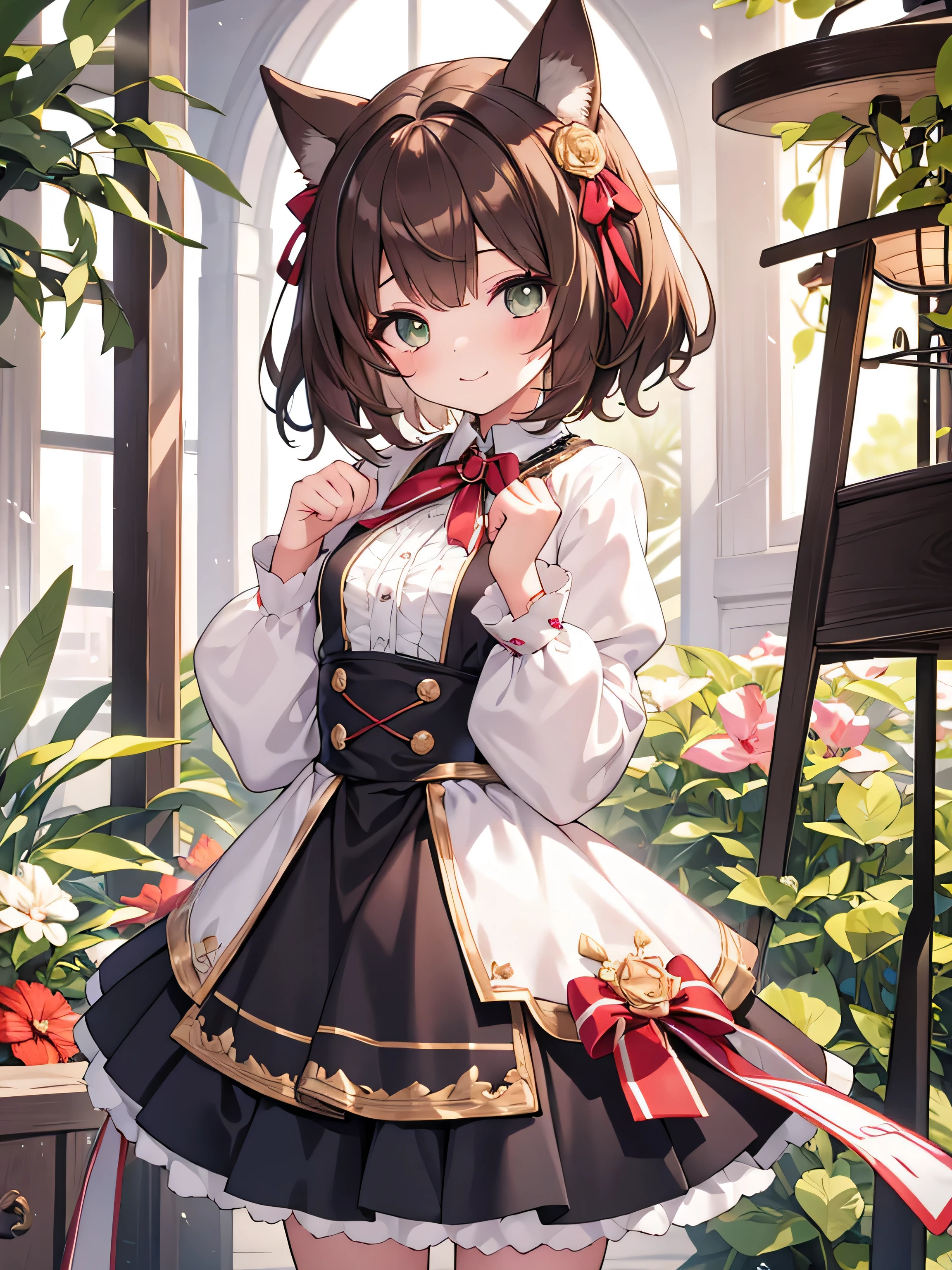 {{{Illustration of one girl}}}, 10-year-old girl, one person, Green Eyes, Brown Hair, Dog ears, Dog tail, Short Bob Hair, Small breasts,red and white gothic lolita, mini skirt, Short stature, A cheerful smile, 32K image quality, Ancient battlefield, Clothes with very detailed embroidery,{{{Both hands are lifting up the chest}}},