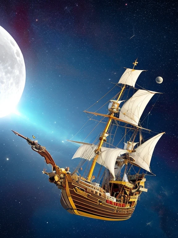 there is a ship that is floating in the air near a moon, 1 Pirate ship in space, at night, floating in front of the nebula, floating!!! In the nebula, gaff schooner with golden sails, figurehead in the shape of a duck spreading its wings, space ship in space, An incredibly huge pirate ship, Picard on the starboard side, He's flying in space, against the backdrop of a pirate ship, completely in frame, steampunk