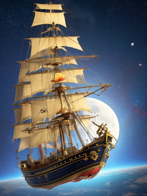there is a ship that is floating in the air near a moon, 1 Pirate ship in space, at night, floating in front of the nebula, floating!!! In the nebula, gaff schooner with golden sails, figurehead in the shape of a duck spreading its wings, space ship in space, An incredibly huge pirate ship, Picard on the starboard side, He's flying in space, against the backdrop of a pirate ship, completely in frame, steampunk