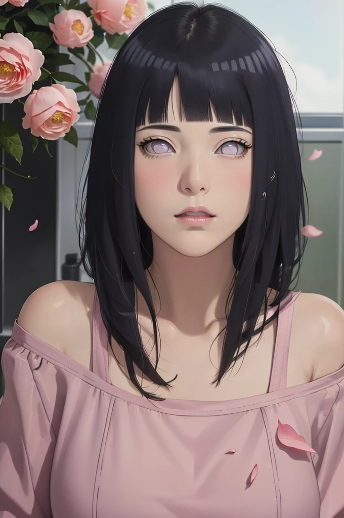 masterpiece, absurdres, hinata\(boruto\), 1girl, solo,mature female, off-shoulder oversized shirt, looking at viewer, (falling petals), perfect composition, detailed lips, big breast, beautiful face, body propotion, blush, (pink lips), long hair, purple eyes, soft gaze, super realistic, detailed, photoshoot, realistic face and body,