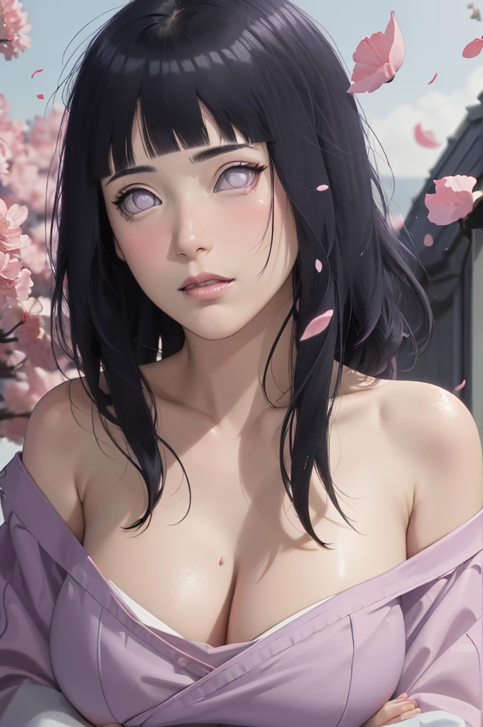 masterpiece, absurdres, hinata\(boruto\), 1girl, solo,mature female, off-shoulder oversized shirt, looking at viewer, (falling petals), perfect composition, detailed lips, big breast, beautiful face, body propotion, blush, (pink lips), long hair,  purple eyes,  soft gaze,  super realistic, detailed, photoshoot, realistic face and body,