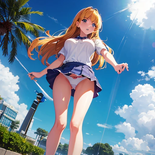masterpiece, highest quality, High resolution, Long Hair, Short skirt,barefoot,Looking up,Embarrassed face,Angle from below、Big Breasts、White underwear、The legs are thin、soaked、Spread your legs、I avoid underwear