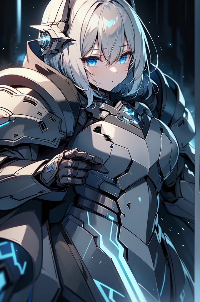 armored girl, grey hood and cape, background dark space battlefield, heavy rain, light silver short hair, blue glowing beautiful eyes, cowboy_shot, blue glowing lined simple armor plate, dark environment, high detailed face, Advance mask, intense war