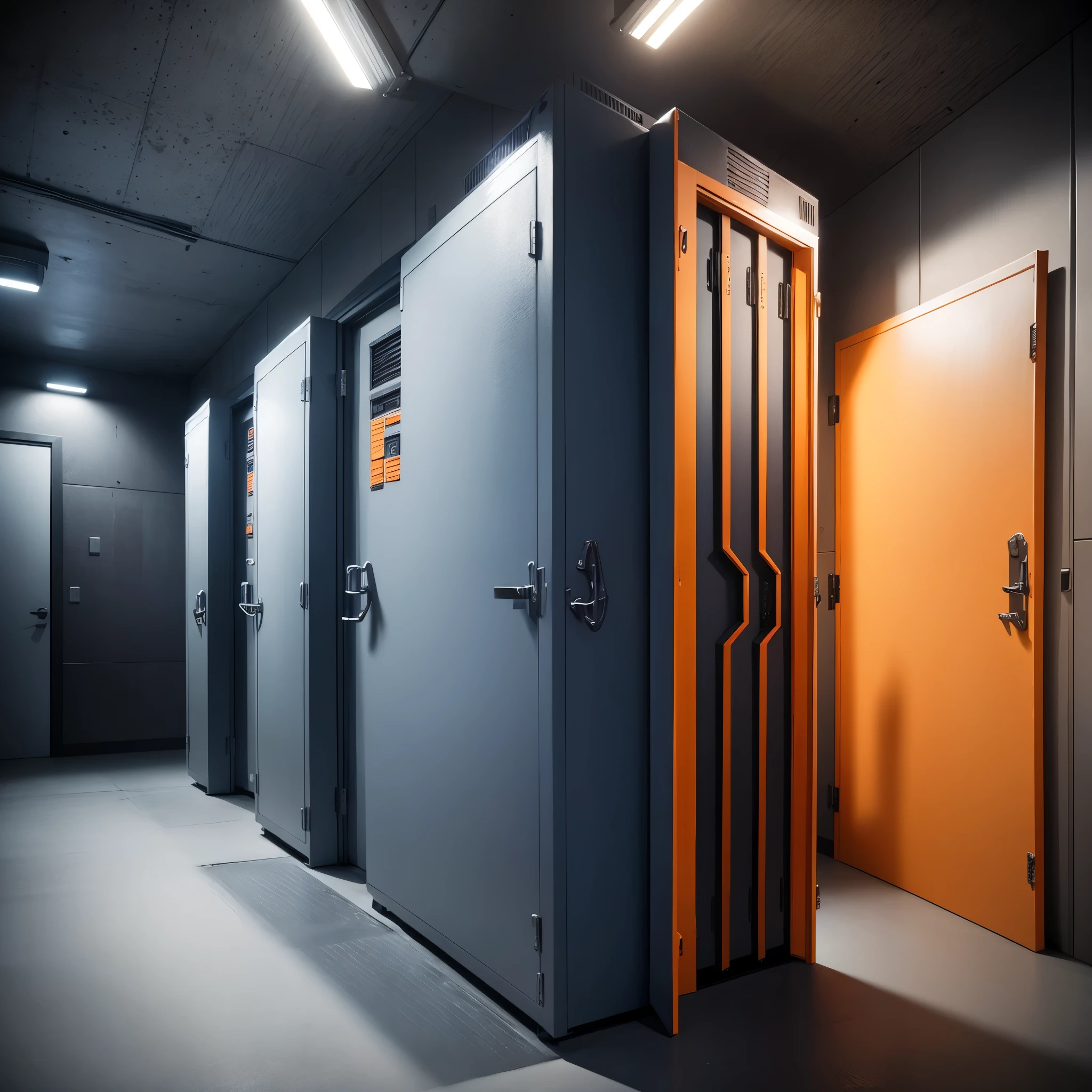 the call of duty armory is a dark room with white lights and not windows, there are weapon cases, military boxes in blue color, military boxes in orange color, no people,