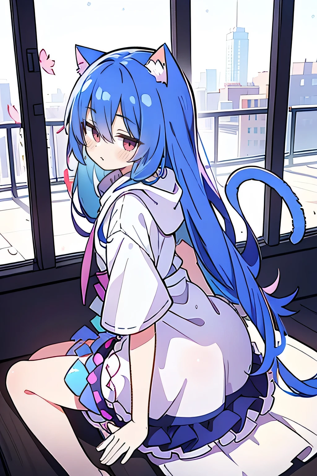 (masterpiece:1.2),Super detailed,lifelike,Expressive eyes,fair skin,perfect face shape,1 girl,
Japanese comics,Gorgeous blue hair,flowing blue hair,flowing clothes,Cat ears,Petals fall,beautiful lola,Baby Angel,
Shaking head with one hand,Cross your legs,Gentle and peaceful background,The pavilion is cool and comfortable,smile, wearing hoodie, background of tokyo,back views,snowing, winter.
