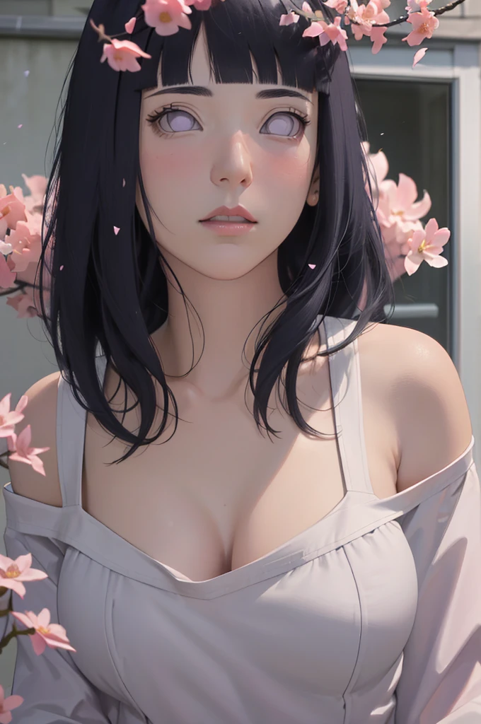 masterpiece, absurdres, hinata\(boruto\), 1girl, solo,mature female, off-shoulder oversized shirt, looking at viewer, (falling petals), perfect composition, detailed lips, big breast, beautiful face, body propotion, blush, (pink lips), long hair, purple eyes, soft gaze, super realistic, detailed, photoshoot, realistic face and body,