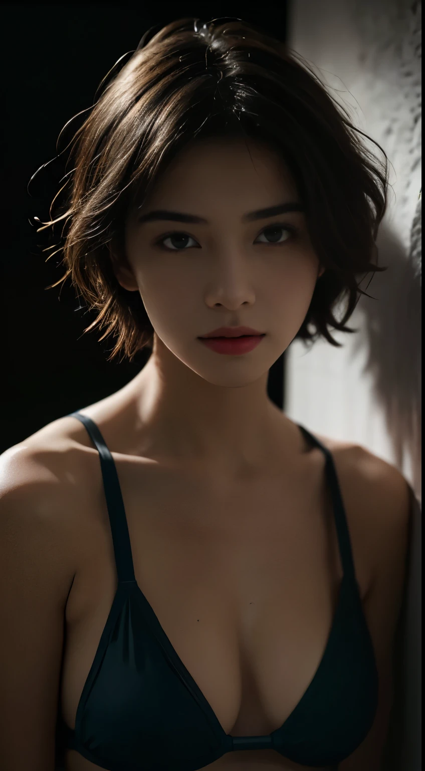 Best quality, masterpiece, ultra high res, (photorealistic:1.5), raw photo, 1girl, in the dark, deep shadow, low key, cold light, sexy look, short hair, swimsuit