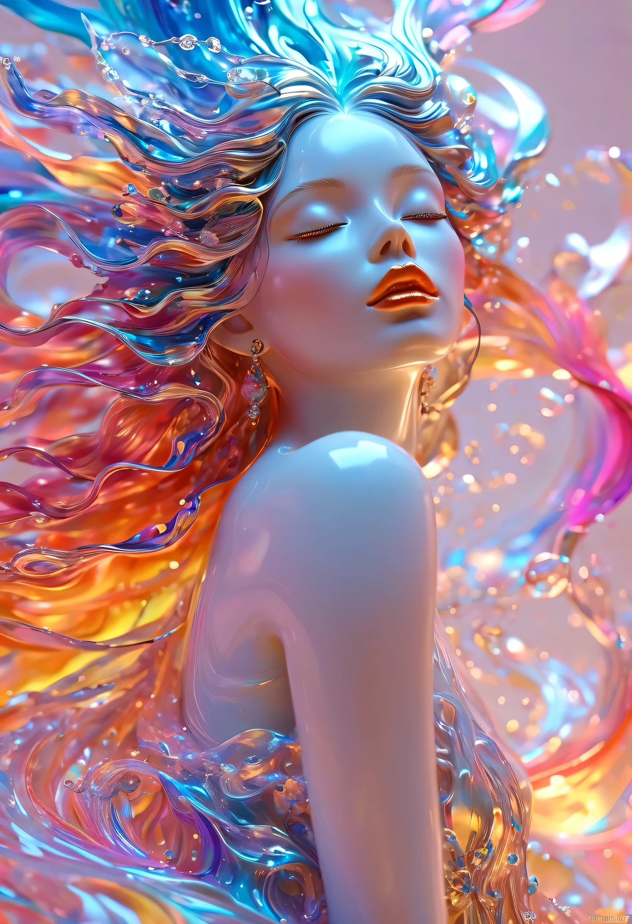 （Super Fine，lifelike：1.37），Psychedelic abstract art：3D goddess sculpture made of flowing liquid，Beautiful detailed eyes，Beautiful detailed lips，Serene expression，soft flowing hair，Upper body portrait，Background of the myth，creative composition，Meticulous attention to detail，Liquid textures and patterns，High-resolution rendering，Crystal clear，Exquisite craftsmanship，Dreamy atmosphere，Sensual and fascinating，masterpiece：1.2。