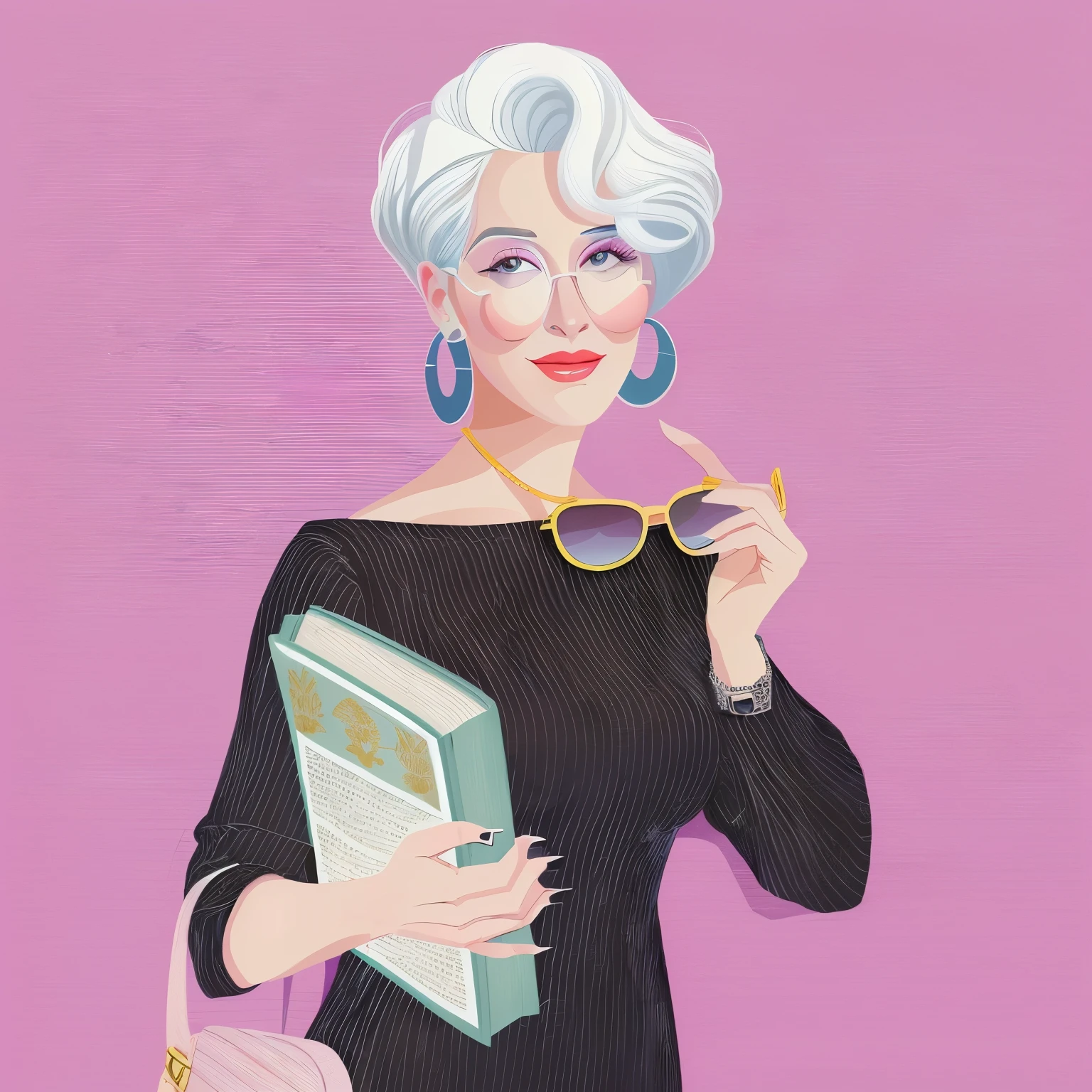 a cartoon of a woman with a book and sunglasses, white haired lady, by Pamela Drew, inspired by Marilyn Bendell, by Hugh Hughes, inspired by Joanna Carrington, by Olivia de Berardinis, in style of digital illustration, by Jeka Kemp, vector style drawing, full color illustration, with short bobbed white hair, by Silvia Dimitrova