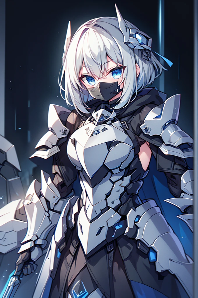armored girl, grey hood and cape, background dark space battlefield, heavy rain, light silver short hair, blue glowing beautiful eyes, cowboy_shot, blue glowing lined simple armor plate, dark environment, high detailed face, Advance mask, intense war