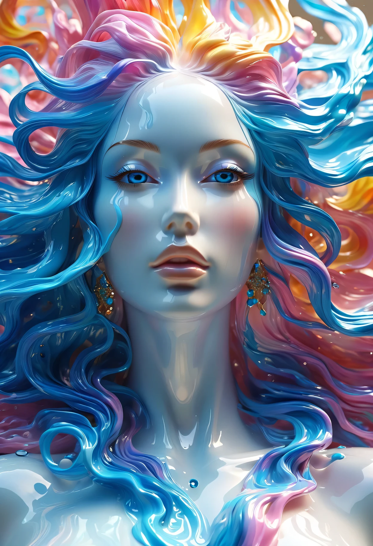 （Super Fine，lifelike：1.37），Psychedelic abstract art：3D goddess sculpture made of flowing liquid，Beautiful blue eyes，Serene expression，soft flowing hair，Upper Body，Background of the myth，creative composition，Liquid textures and patterns，High-resolution rendering，Crystal clear，Exquisite craftsmanship，Dreamy atmosphere，Sensual and fascinating，masterpiece：1.2。