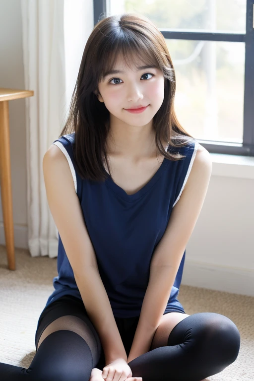 Real, highest quality, girl, high school girl, high resolution, natural skin, portrait, looking at camera, Photo_Light, {{}}, Ulzzang-6500-v1.1:0.8 Forward facing, upright, no makeup, inorganic white in the front room Wall, tight white V-neck sleeveless T-shirt, big eyes, dark blue very short socks, serious and honor student, leggings. ,smile