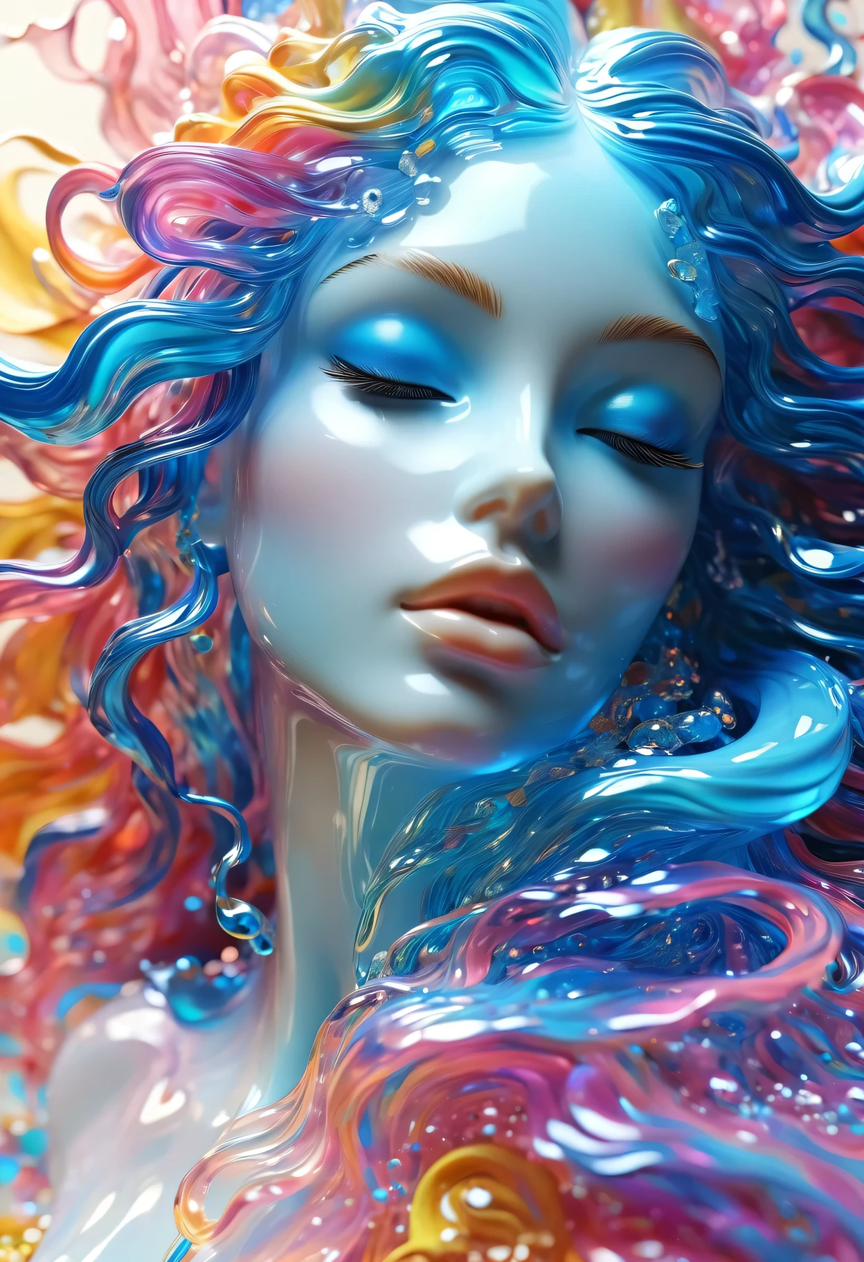 （Super Fine，lifelike：1.37），Psychedelic abstract art：3D goddess sculpture made of flowing liquid，Beautiful blue eyes，Serene expression，soft flowing hair，Upper Body，Background of the myth，creative composition，Liquid textures and patterns，High-resolution rendering，Crystal clear，Exquisite craftsmanship，Dreamy atmosphere，Sensual and fascinating，masterpiece：1.2。