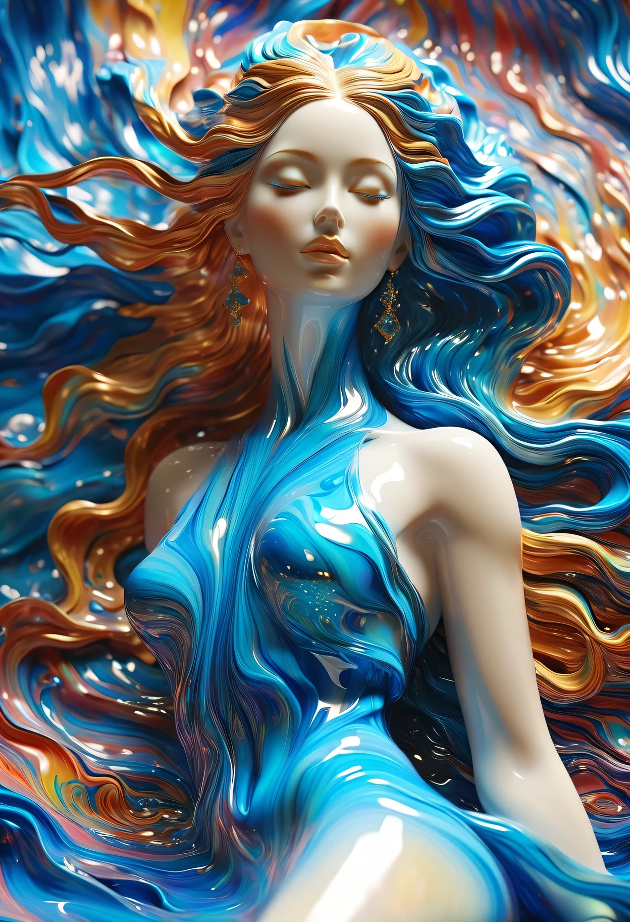 （Super Fine，lifelike：1.37），Psychedelic abstract art：3D goddess sculpture made of flowing liquid，Beautiful blue eyes，Serene expression，soft flowing hair，Upper Body，Background of the myth，creative composition，Liquid textures and patterns，High-resolution rendering，Crystal clear，Exquisite craftsmanship，Dreamy atmosphere，Sensual and fascinating，masterpiece：1.2。