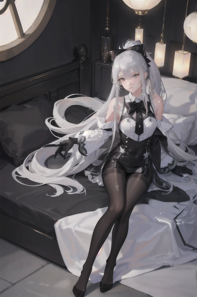 (((1 girl)),ray tracing,(dim lighting),[detailed background (bedroom)),((silver hair)),((silver hair)),(Fluffy silver hair, plump slender girl)) with high ponytail)))) Avoid blonde eyes in the ominous bedroom ((((Girl wears intricately embroidered black high-waisted pants with pantyhose) and white ruffled bow gloves), showing a delicate slim figure and graceful curves, correct limbs, sitting on the bed