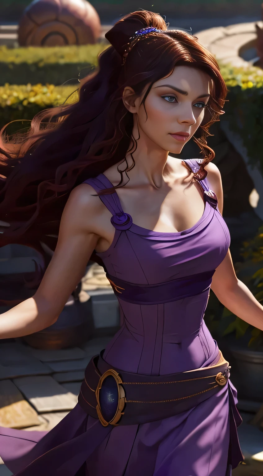 1girl, long and elaborate hair, ((purple eyes)), jewelries, ((Cast light magic)), on a roof of garden, Volumetric lighting, best quality, master part, Realistic, anatomicamente correto, (Strong cinematic lighting), detalhes impressionantes, detalhes intrincados, 8K post-production, high resolution, super detalhes, trending on ArtStation, sharp focus, profundidade de campo f/1.8, studio photos, (((Looking at camera))), Megara, brunette hair, looking at viewer