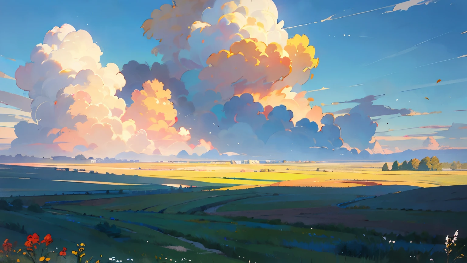 in the style of makoto shinkai, painted background, anime countryside scenery, landscape, fields of grass, low hills, midday, clouds in the sky, yellow prairies, detailed scenery artwork, wildflowers, soft shadows, photorealistic lighting, cinematic light, 1080p, hd, 8k, ((high quality)) ((MASTERPIECE)), HDR