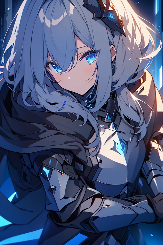 armored girl, grey hood and cape, background dark space battlefield, heavy rain, light silver short hair, blue glowing beautiful eyes, cowboy_shot, blue glowing lined simple armor plate, dark environment, high detailed face, Advance mask, intense war