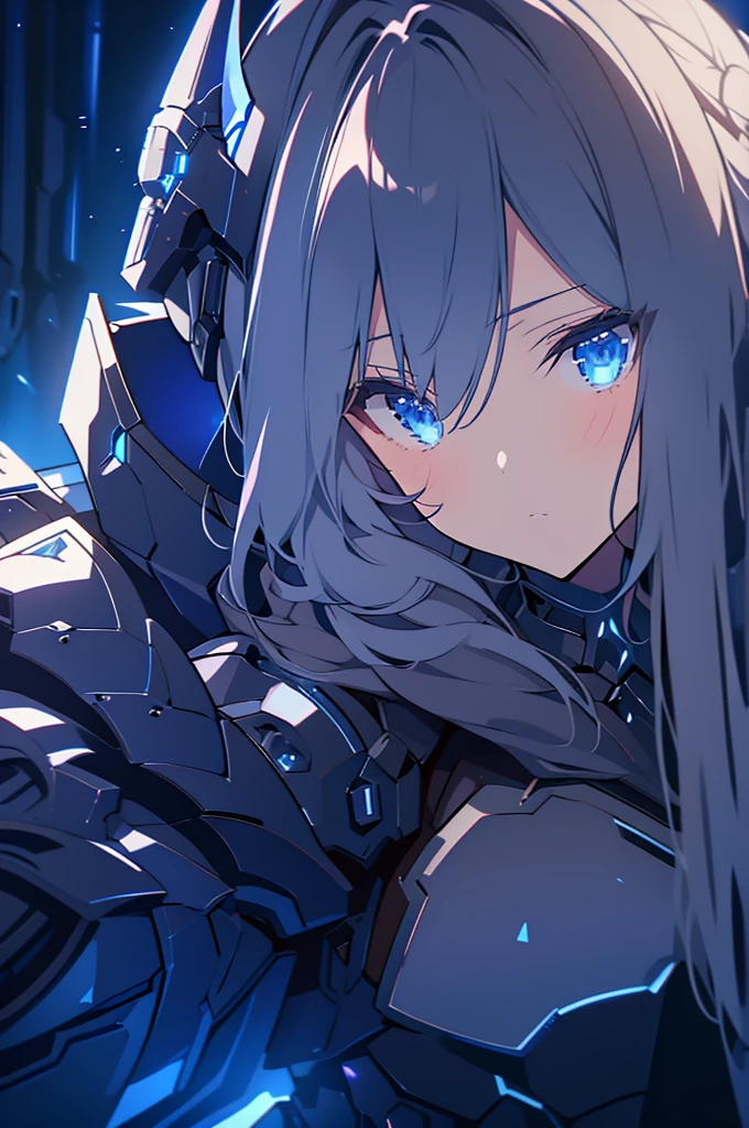 armored girl, grey hood and cape, background dark space battlefield, heavy rain, light silver short hair, blue glowing beautiful eyes, cowboy_shot, blue glowing lined simple armor plate, dark environment, high detailed face, Advance mask, intense war