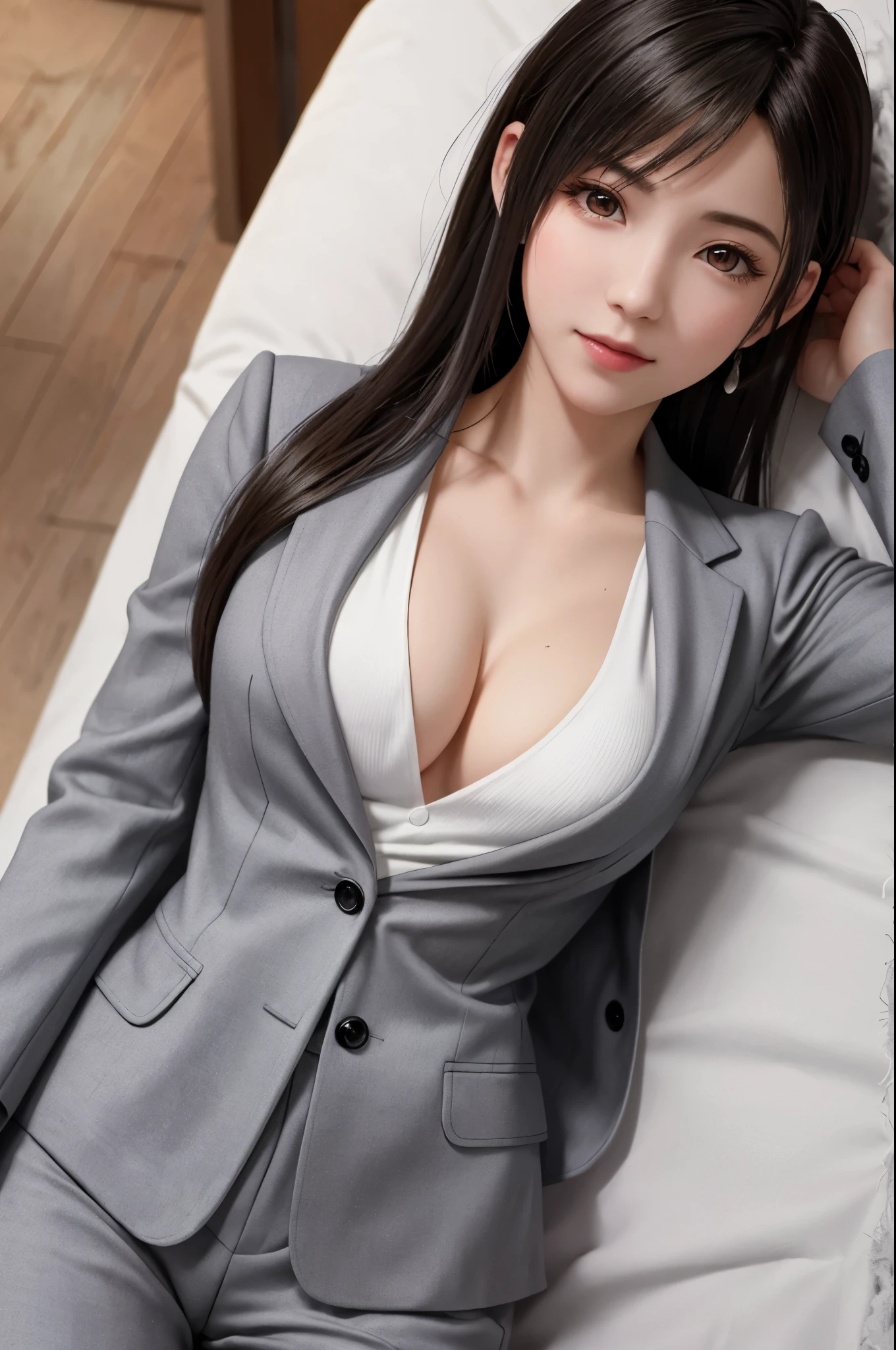 {{top quality, masterpiece}}, (Realistic: 1.3), BREAK {{{FF7,Tifa_lockhart,solo}}},(Japanese ,gray tailored jacket, gray tailored pant, office suit:1.3) ,(office, sofa, indoor),(Lying:1.5,on back:1.5),(cool pose:1.1),Ultra-detailed face, Detailed eyes, Red eyes, BREAK (((FF7,Tifa_lockhart))),(light brown hair, Large breasts: 1.2), BREAK (Small and beautiful hard nipple) About 18 years old, kawaii, smile, face focus:1.5,making like she wants to kiss you:1.2, shy, blush, suggestive, sensual, kiss, looking at viewer