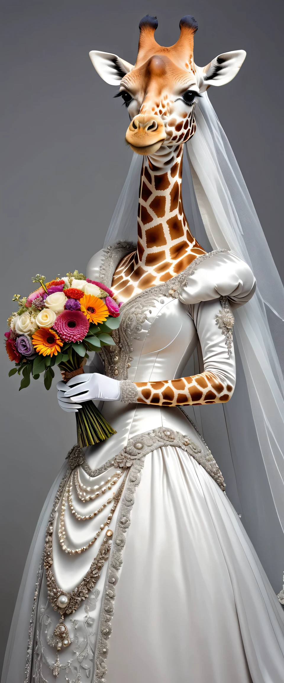 photorealistic portrait of Dressed animals - a ((fat)) giraffe bride,(elegant pose),(closed mouth smile),(furry), high quality,(lovely) ,intricate details, highly detailed (gothic wedding dress)),wearing opera globes ,wearing highly detailed veil, highly detailed decorations ,holding flower bouquet, (happy), studio lighting,(full body image:1.5),(light gray background:1.5)