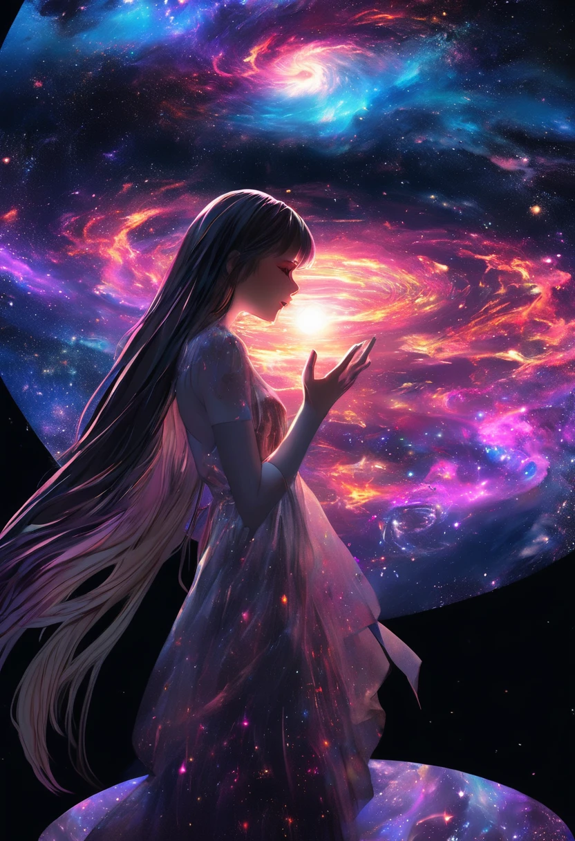 (highest quality, sketch:1.2), epic realistic,(Super detailed support),Illustrator,anime,1 girl, Detailed lips,custom, Gradient Background,Neon Hair,Texture Cropping, masterpiece, anime, Woman standing and staring at a black hole, Fantasy World, Talked about at the art station, Space Art, dreamy psychedelic anime, beautiful anime scene, anime epic artwork. anime, Photo Image Pose, average length