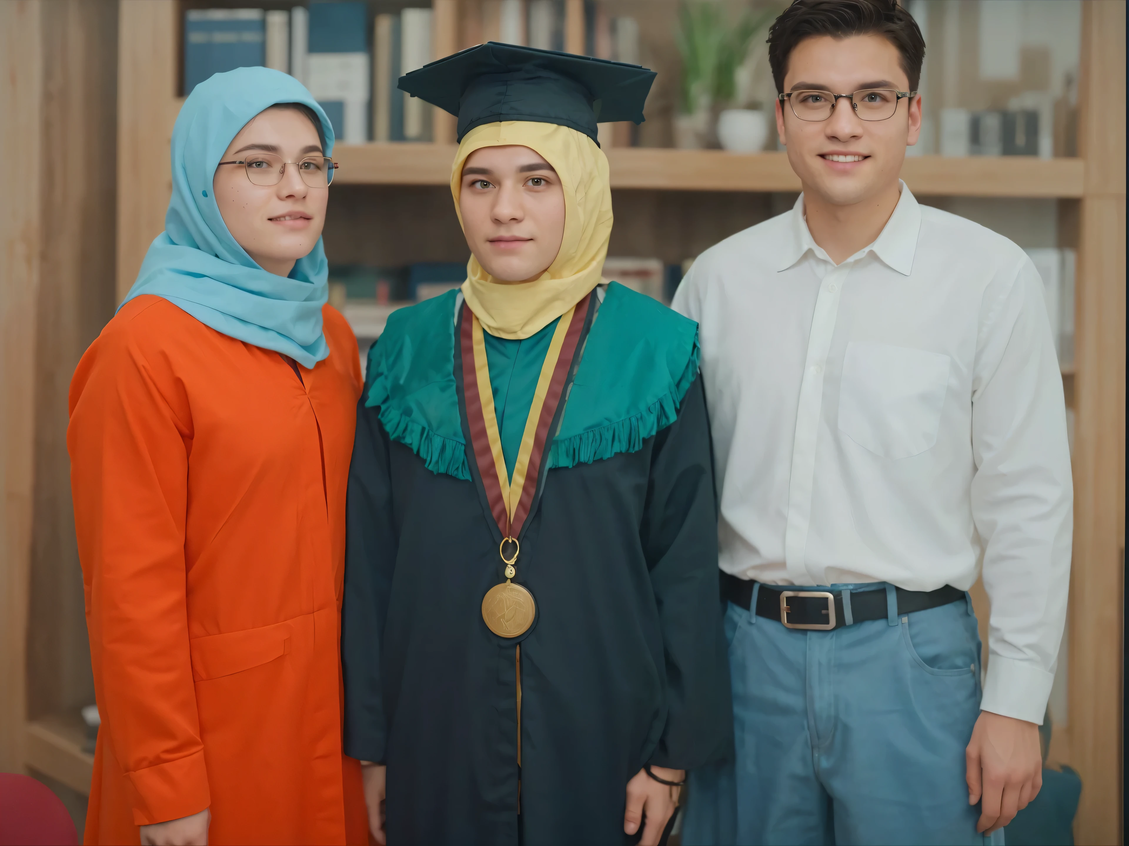 (photorealism:1.2), a happy muslim family with father, with daughtet in middle with hijab and graduation cap, with hijab mother
