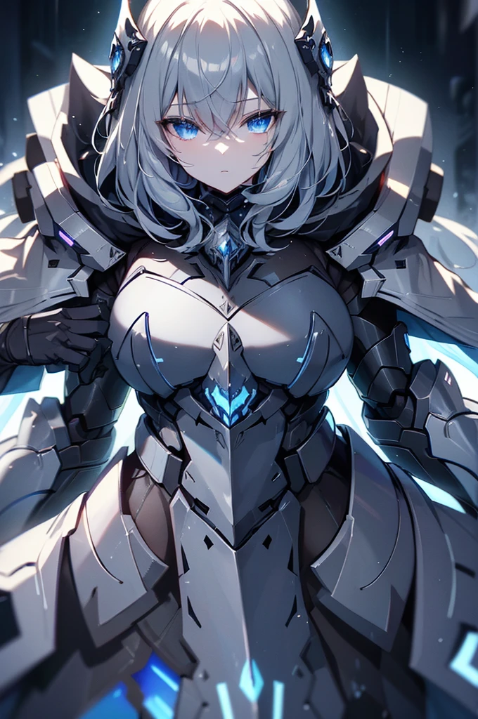 armored girl, grey hood and cape, background dark space battlefield, heavy rain, light silver short hair, blue glowing beautiful eyes, cowboy_shot, blue glowing lined simple armor plate, dark environment, high detailed face, Advance mask, intense war