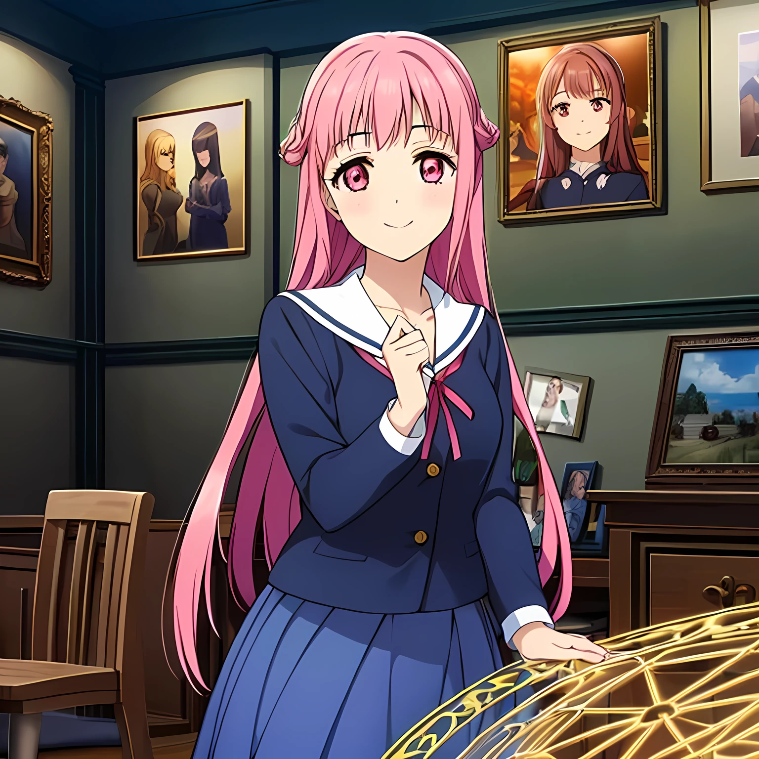 highest quality, (masterpiece:1.2), Very detailed, ((A very beautiful girl casts a spell on the viewer in a very pitch-dark room)), (()), (((Beautiful long, very shiny peach-colored hair))), She has a big yellow ribbon in her hair., ((Navy blue sailor suit)), ((Navy blue pleated long skirt)), ((((Very beautiful and shining deep pink eyes)))), ((Very long eyelashes)), A large crimson ribbon on the chest, ((An elegant expression like a noble princess)), (((A beautiful and enchanting smile))), Very good posture, ((Mysteries of the Sabbath)), (((Pitch-dark room))), Black Altar, Black Wall, There are several portraits and bronze statues of beautiful women on display., (((A space for mysteries with a magic circle drawn on it)))