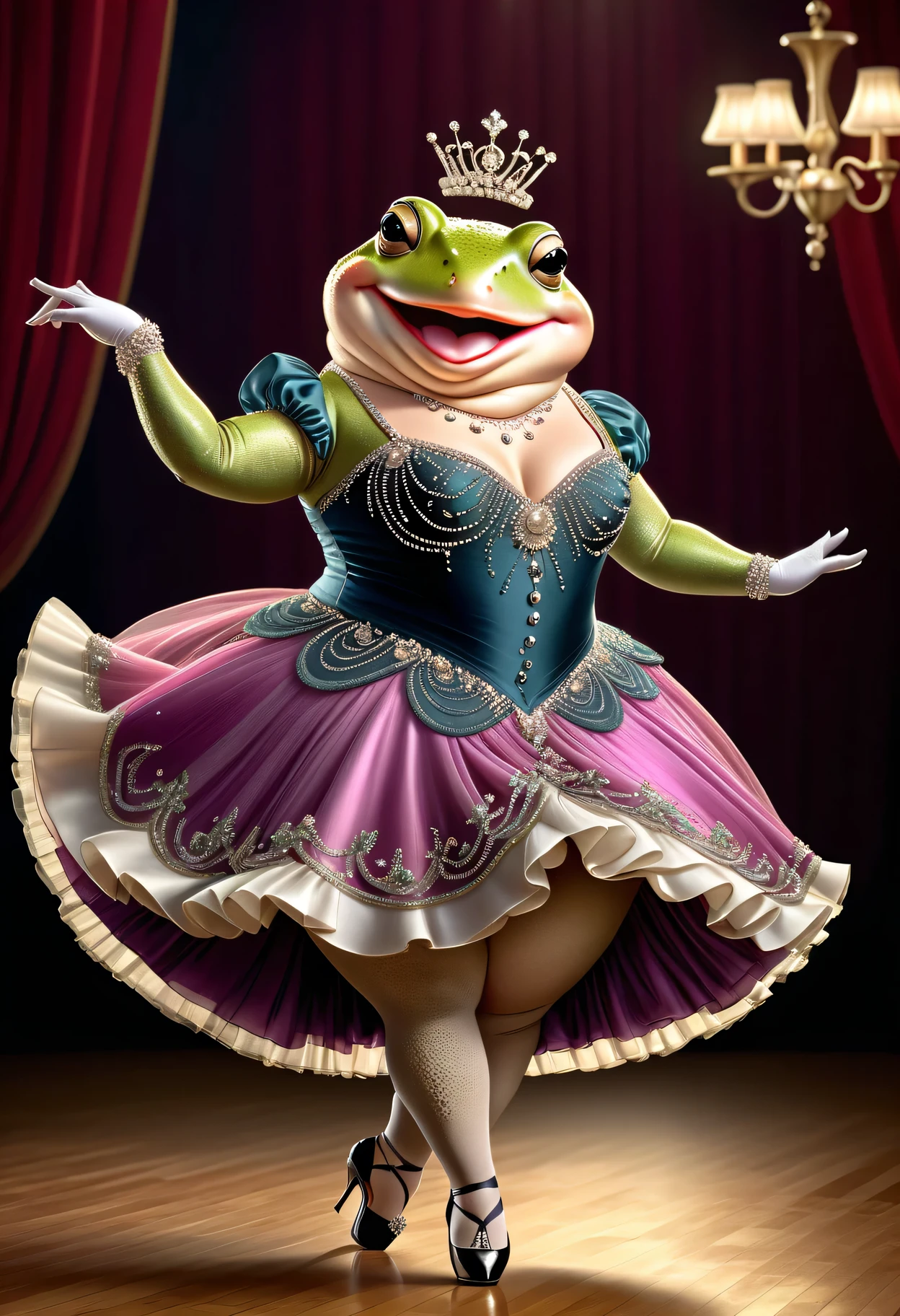 photorealistic portrait of Dressed animals - a ((fat)) toad Ballroom dancer,(dancing:1.2),(smile),(), high quality,(lovely) ,intricate details, highly detailed (female ballroom dancer's dress )),, highly detailed decorations of dress ,high heels, (happy), studio lighting,(full body image:2.0)