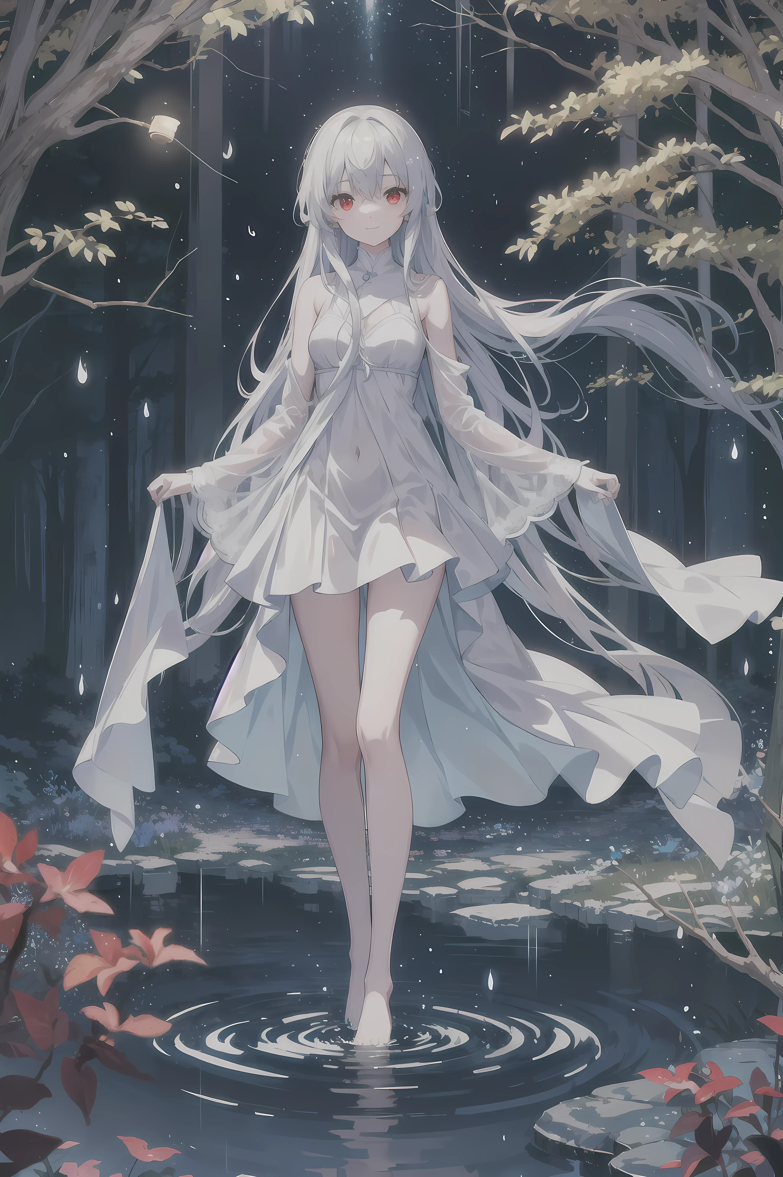 Dreamy and beautiful moonlight in the dark forest。View of a -yeld gifrom above。(wet silver hair and red eyes)。smile slightly。She wore only a long transparent white cloth with beautiful lace trim。Soak the cloth in water。(splashing in the dark forest lake at night)。(Hair or clothes are wet)。splash。Wet strands of hair。dripping water drops。Fantastic fireflies floating in the air、Light also reflects from water。near method and far method。glitter effects。Dynamic composition with depth。extremely high quality、High level of image quality、extremely delicate。Rare workmanship,round,Room, firm breasts),barefoot,float,water surface,(long legs,long legs,long legs,Gestalt),full-body shot。standing posture