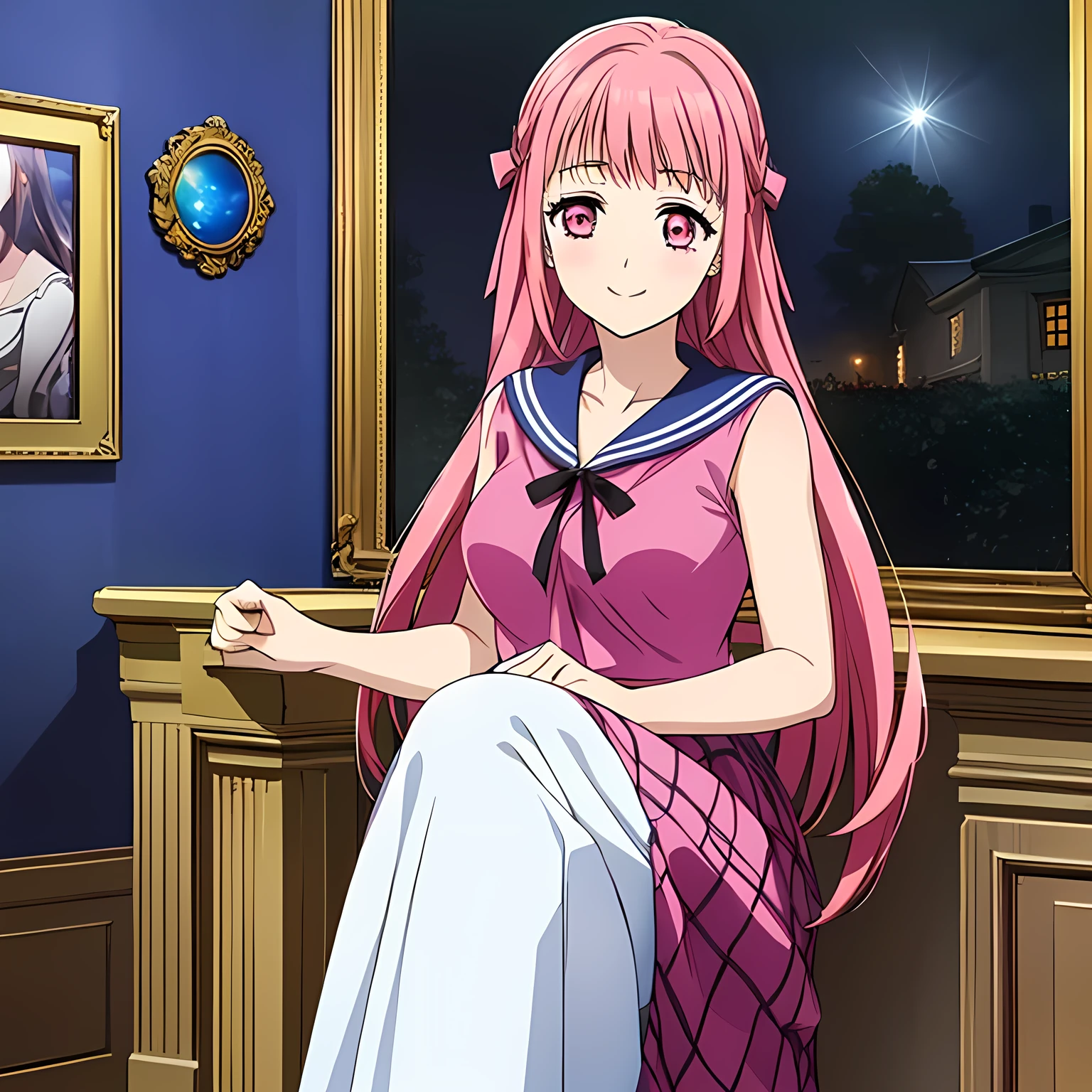 highest quality, (masterpiece:1.2), Very detailed, ((A very beautiful girl casts a spell on the viewer in a very pitch-dark room)), ((16 years old)), (((Beautiful long, very shiny peach-colored hair))), She has a big yellow ribbon in her hair., ((Navy blue sailor suit)), ((Navy blue pleated long skirt)), ((((Very beautiful and shining deep pink eyes)))), ((Very long eyelashes)), A large crimson ribbon on the chest, ((An elegant expression like a noble princess)), (((A beautiful and enchanting smile))), Very good posture, ((Mysteries of the Sabbath)), (((Pitch-dark room))), Black Altar, Black Wall, There are several portraits and bronze statues of beautiful women on display., (((A space for mysteries with a magic circle drawn on it)))