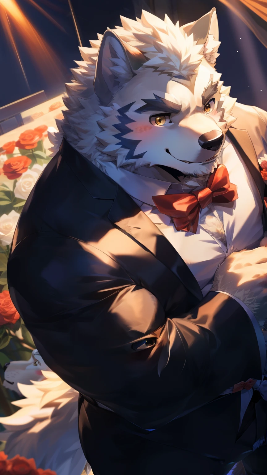 Solitary, anthropology, hairy, hairy male, Wolf, ((Fluffy fur, Fluffy, hairy body)), (Wolf印), (short beard), youth, Gray body, muscular, White, Big muscles, Golden pupils, Tail, deTailed teeth, deTailed face, Fundos, bridegroom, (Black suit suit), (Small red bow tie), Holding a bouquet of white roses, 害羞的站在church门前, deTailed Fluffy fur, deTailed face, ((Look up at the audience)), majestic, barbarous, A faint smile, Blushing, Strong, church, White dove, Half sideways, ((Top view)), (through empty ghost, From wolf26, masterpiece, high quality, high resolution,8k), permanent, Full body portrait, outdoor,