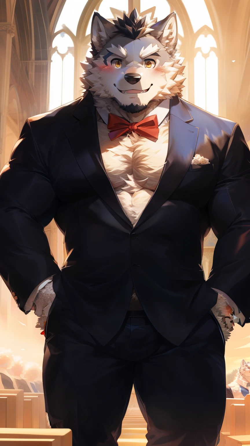 Solitary, anthropology, hairy, hairy male, Wolf, ((Fluffy fur, Fluffy, hairy body)), (Wolf印), (short beard), youth, Gray body, muscular, White, Big muscles, Golden pupils, Tail, deTailed teeth, deTailed face, Fundos, bridegroom, (Black suit suit), (Small red bow tie), Holding a bouquet of white roses, 害羞的站在church门前, deTailed Fluffy fur, deTailed face, ((Look up at the audience)), majestic, barbarous, A faint smile, Blushing, Strong, church, White dove, Half sideways, ((Top view)), (through empty ghost, From wolf26, masterpiece, high quality, high resolution,8k), permanent, Full body portrait, outdoor,