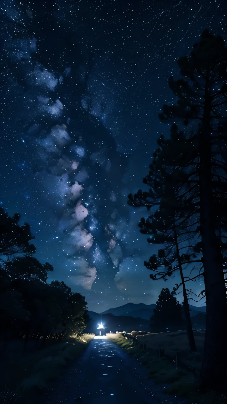 Noche estrellada. Luna llena brillante. Un largo caminonde un bosque iluminado por la luna. El bosque esta humedo debido a una lluvia anterior. En el centro del camino una chica observa la noche llena de estrellas.