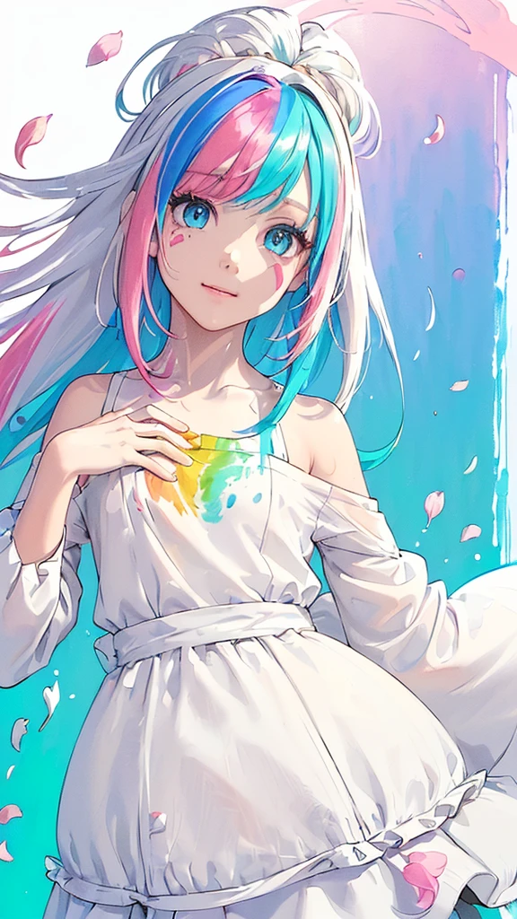 (Pink Fashion T-shirt:1.9),(Colorful hair: 1.8), (all the colours of the rainbow: 1.8),(((((vertical painting:1.6))), (painting:1.6),front, comics, illustrations, paintings, large eyes, crystal clear eyes,( rainbow color gradient high ponytail:1.7), exquisite makeup, closed mouth,(Small Fresh: 1.5),(Wipe Chest: 1.6) ,long eyelashes, white off shoulder T-shirt, White Shoulder Shirt,looking at the audience, large watery eyes, (rainbow colored hair:1.6), color splash, (solo:1.8), color splash, color explosion, thick paint style, messy lines, ((shining)),(colorful), (colorful), (colorful), colorful, Thick Paint Style, (Splash) (Color Splash), Vertical Painting, Upper Body, Paint Splash, Acrylic Pigment, Gradient, Paint, Highest Image Quality, Highest Quality, Masterpiece, Solo, Depth of Field, Face Paint, colorful clothes, (Elegant: 1.2), gorgeous,long hair, wind, (Elegant: 1.3), (Petals: 1.4),(((masterpiece))),(((best quality))),((ultra-detailed)),(illustration),(dynamic angle),((floating)),(paint),((disheveled hair)),(solo),(1girl) , (((detailed anima face))),((beautiful detailed face)),collar,bare shoulders,white hair, ((colorful hair)),((streaked hair)),beautiful detailed eyes,(Gradient color eyes),(((colorful eyes))),(((colorful background))),(((high saturation))),(((surrounded by colorful splashes))),