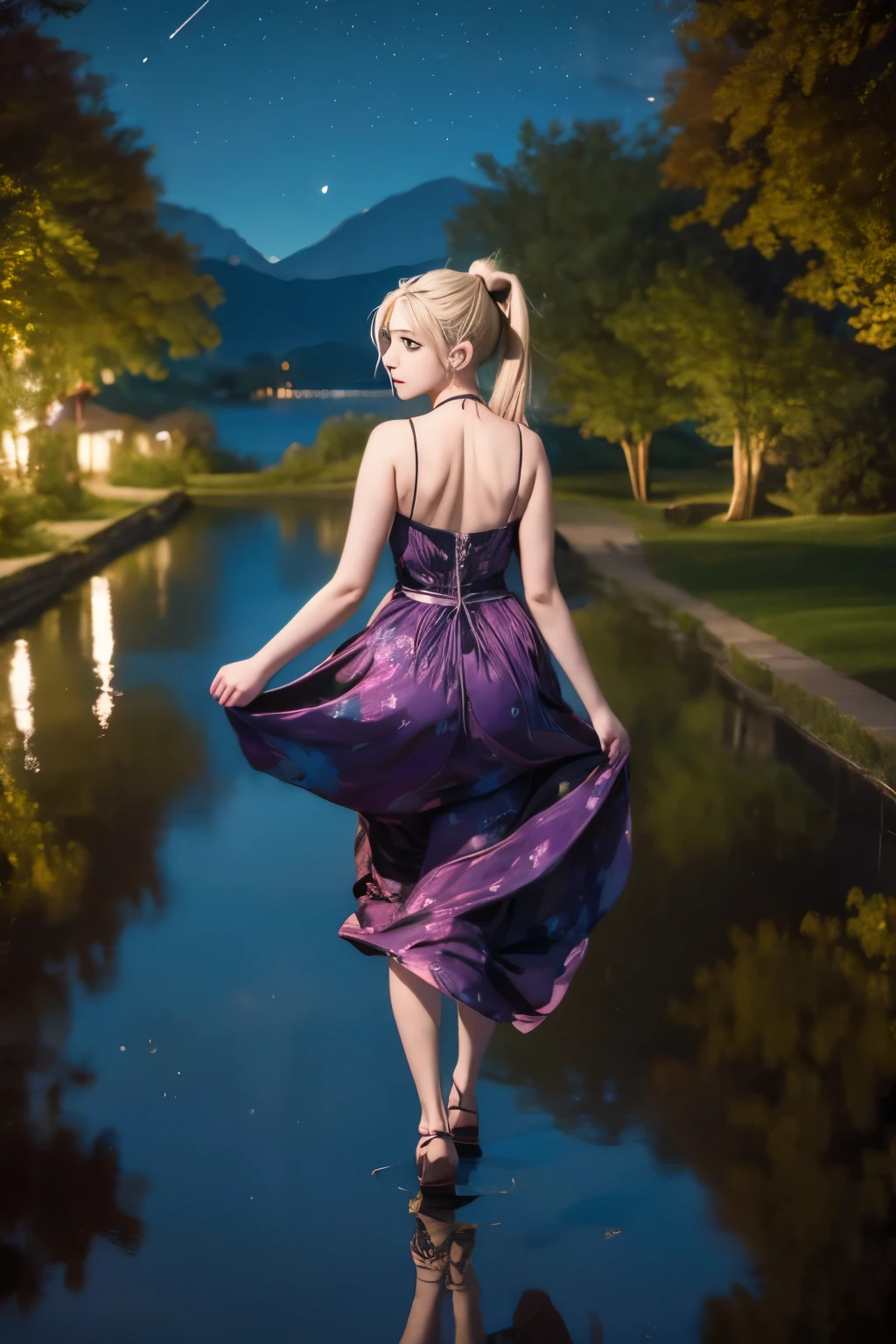 shalltear bloodfallen, shalltearcostume, ponytail, outdoors, (night, starry sky:1.2), masterpiece, arms behind back, best quality, 1girl, full body, closed mouth, lake, reflection, outdoors, official wallpaper