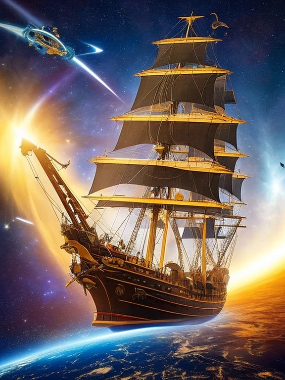 there is a ship that is плавающий in the air near a moon, 1 Pirate ship in space, at night, flies against the background of a star nebula, Flying!!! in a cosmic nebula, gaff schooner with golden sails, figurehead in the shape of a duck spreading its wings, space ship in space, An incredibly huge pirate ship, Picard on the starboard side, He's flying in space, against the backdrop of a pirate ship, completely in frame, steampunk, realistic textures, Realism of the surrounding space, intricate details, high quality textures
