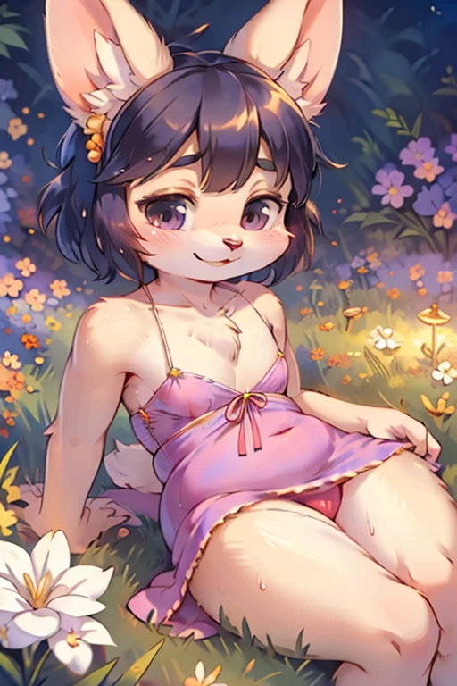 lying , (Desney style:1.2) , hairy bunny Short stature girl , (realistic hairy bunny fur:1.2) , round Mumps face , (tilt face:1.2) , (half-open eyes:1.5) , moist round eyes , Swollen cheeks , Collarbone , Seduction smile , glossy lips , twilight flower garden , (vivid color Flowers covering:1.3) , wearing summer dress