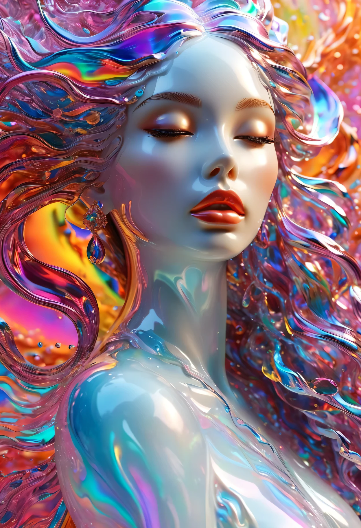 （Super Fine，lifelike：1.37），Psychedelic abstract art：3D goddess sculpture made of flowing liquid，Beautiful detailed eyes，Beautiful detailed lips，Serene expression，soft flowing hair，Upper body portrait，Background of the myth，creative composition，Meticulous attention to detail，Liquid textures and patterns，High-resolution rendering，Crystal clear，Exquisite craftsmanship，Dreamy atmosphere，Sensual and fascinating，masterpiece：1.2。