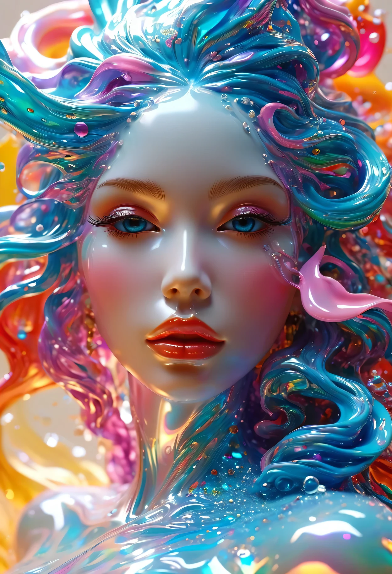 （Super Fine，lifelike：1.37），Psychedelic abstract art：3D goddess sculpture made of flowing liquid，Beautiful detailed eyes，Beautiful detailed lips，Serene expression，soft flowing hair，Upper body portrait，Background of the myth，creative composition，Meticulous attention to detail，Liquid textures and patterns，High-resolution rendering，Crystal clear，Exquisite craftsmanship，Dreamy atmosphere，Sensual and fascinating，masterpiece：1.2。