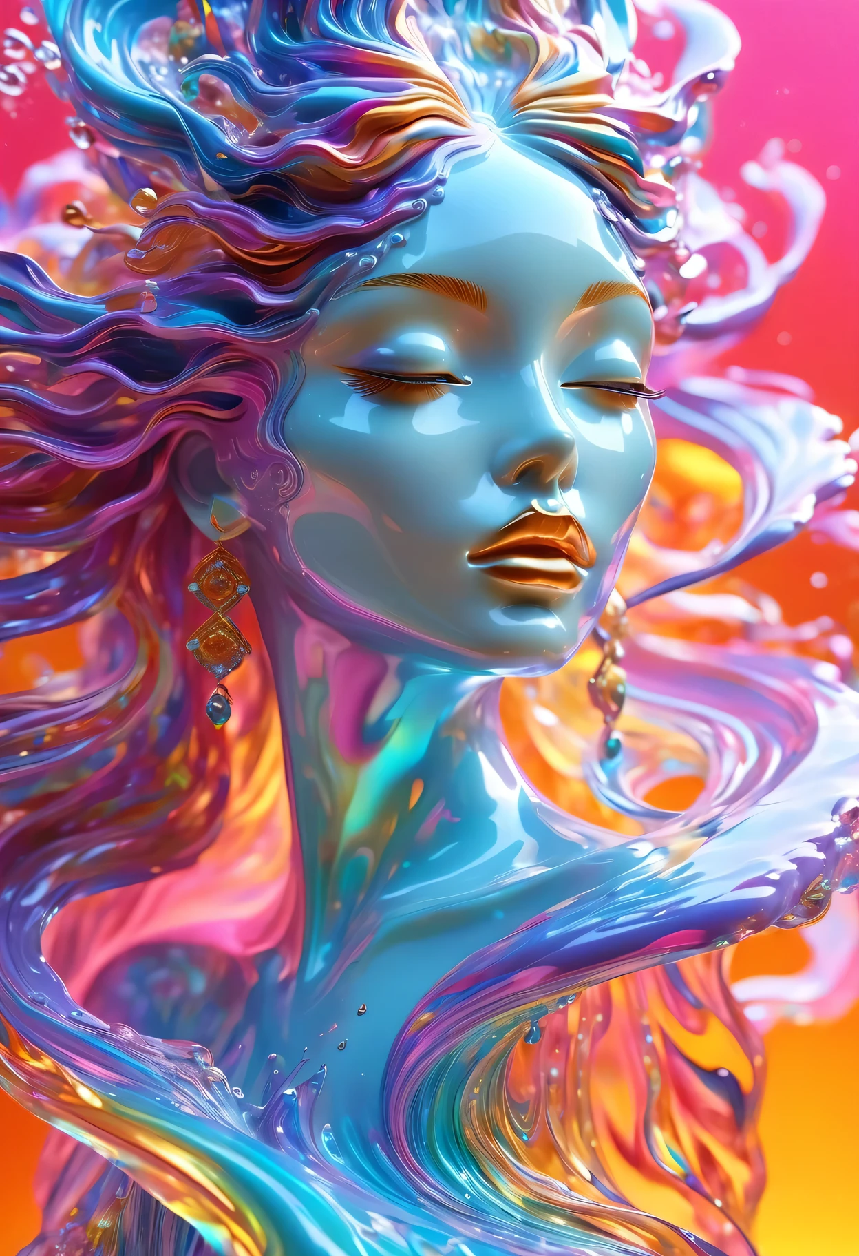 （Super Fine，lifelike：1.37），Psychedelic abstract art：3D goddess sculpture made of flowing liquid，beautiful eyes，soft flowing hair，Upper Body，Background of the myth，creative composition，Liquid textures and patterns，High-resolution rendering，Crystal clear，Exquisite craftsmanship，Dreamy atmosphere，Sexy and charming，masterpiece：1.2。