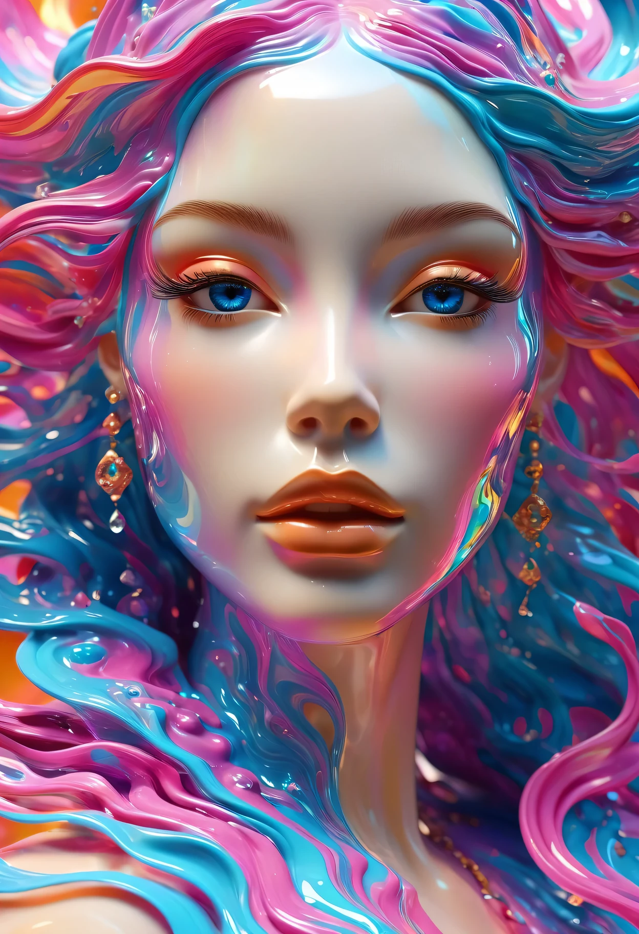 (Super Fine,lifelike:1.37),Psychedelic abstract art:3D goddess sculpture made of flowing liquid,beautiful eyes,soft flowing hair,Upper Body,Background of the myth,creative composition,Liquid textures and patterns,High-resolution rendering,Crystal clear,Exquisite craftsmanship,Dreamy atmosphere,Sexy and charming,masterpiece:1.2。