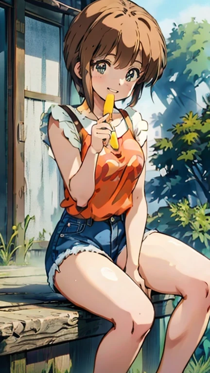 CG, unity, 8k, wallpaper, highest quality, masterpiece, haruka amami, (smile: 1.2), sitting on the engawa, yellow camisole BREAK denim shorts, barefoot, thighs, sweat, best lighting, complex pupils, complex textile, detailed background, Japanese countryside town, She shows the viewer a popsicle in her hand.